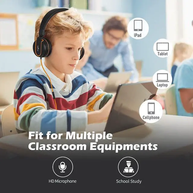 Alt view image 3 of 6 - AILIHEN Kids Headphones, I35 On-Ear Headphones for School, Safe Volume 93dB, HD Mic Stereo Headphone for Kid Girls Boys, Foldable 3.5mm Wired for Chromebook, Laptop, Computer, Tablet (Black Orange)