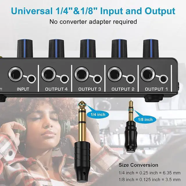 Alt view image 2 of 6 - Headphone Amplifier 4 Channel Metal Stereo Audio Amplifier Mini Earphone Splitter with Power Adapter 1/4 & 1/8 TRS Headphones Output and TRS Audio Input for Sound Mixer DC 12V-LHA1