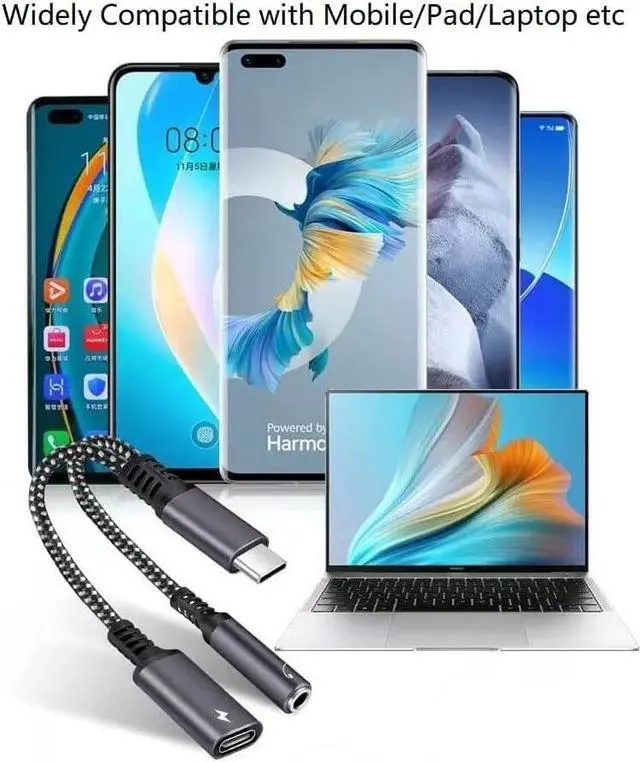 Alt view image 4 of 5 - USB C to 3.5mm Audio Adapter 2-in-1 Splitter with PD Charger Cable Type C to 3.5 mm Aux Jack Headphones Cord and 60W Fast Charging Port Wire (Black)