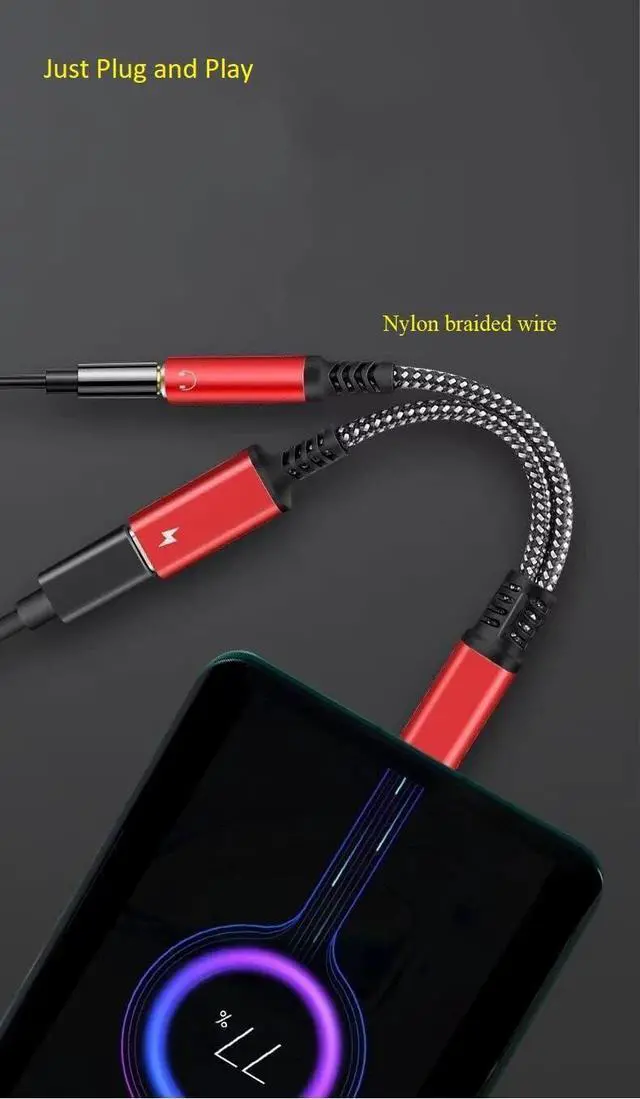 Alt view image 5 of 5 - USB C to 3.5mm Audio Adapter 2-in-1 Splitter with PD Charger Cable Type C to 3.5 mm Aux Jack Headphones Cord and 60W Fast Charging Port Wire (Black)
