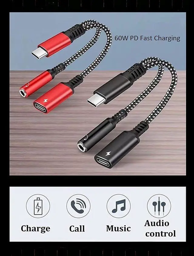 Alt view image 3 of 5 - USB C to 3.5mm Audio Adapter 2-in-1 Splitter with PD Charger Cable Type C to 3.5 mm Aux Jack Headphones Cord and 60W Fast Charging Port Wire (Black)