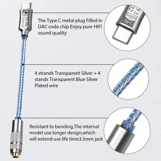 Alt view image 7 of 7 - USB C to 3.5mm Adapter CX31993 Earbuds CX-PRO DAC Headphone Amp with 3.5mm Output SNR128dB PCM 32b/384kHz for Android Windows Phone Call and Line Control