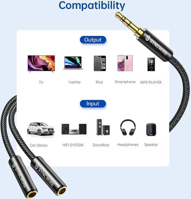 Alt view image 7 of 7 - Syncwire Headphone Splitter Nylon-Braided Extension Cable Audio Stereo Y Splitter (Hi-Fi Sound) 3.5mm Male To 2 Ports 3.5mm Female Headset Splitter for Phone PS4 Switch Tablets & More