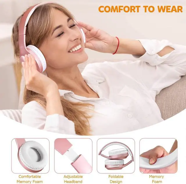 Alt view image 4 of 7 - Bluetooth Headphones Over Ear, 68H Playtime and 3 EQ Music Modes Wireless Headphones with Microphone/Deep Bass, HiFi Stereo Foldable Lightweight Headset for PC Home Travel Office (Rose Gold)