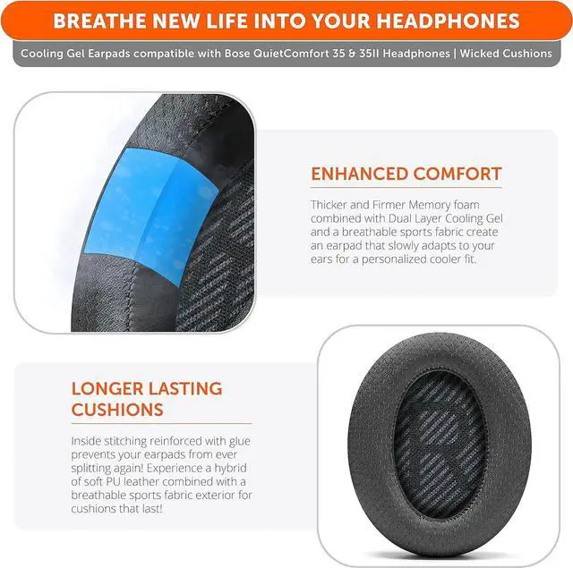 Alt view image 4 of 7 - Freeze QC35 - Cooling Gel Ear Pads for Bose QC35 & QC35ii (QuietComfort 35) Headphones & More | Breathable Sports Fabric Cooling Gel Extra Thick & Cooler for Longer | Black