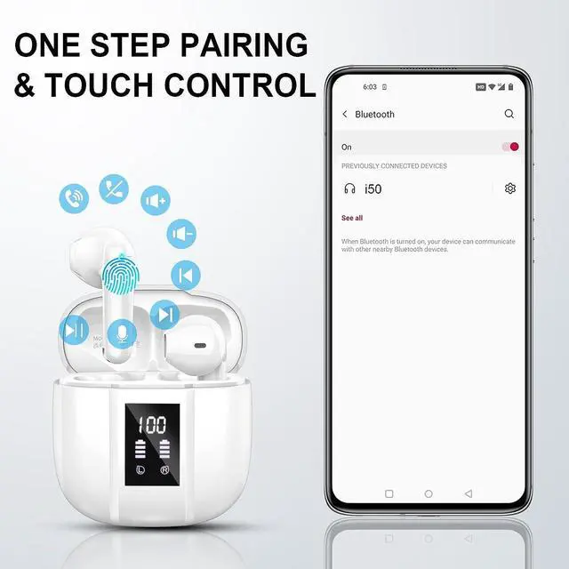 Alt view image 6 of 7 - Wireless Earbud Bluetooth 5.3 Headphones in Ear Stereo Bluetooth Earbuds Built in Mic Wireless Earphones with LED Power Display and USB-C Charging Mini Earbud with IP7