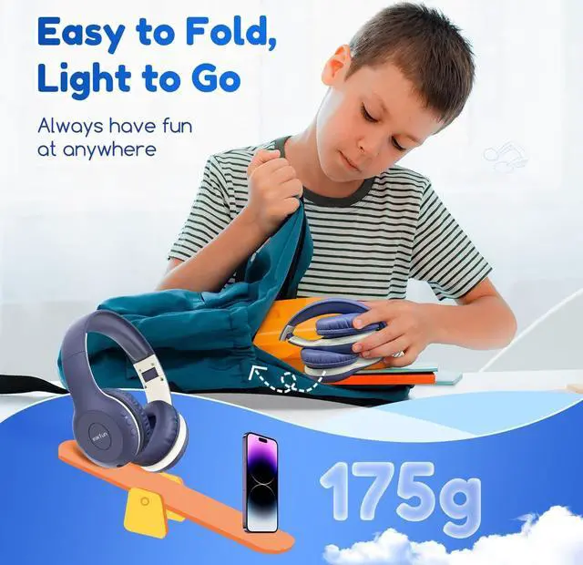 Alt view image 7 of 7 - EarFun Kids Bluetooth Headphones, K2 Kids Headphones with Volume Limited, 40H Playtime, Bluetooth Headphones with Mic, Stereo Sound, Foldable Over-Ear Headphones for Kids/School/Travel/iPad/Tablet