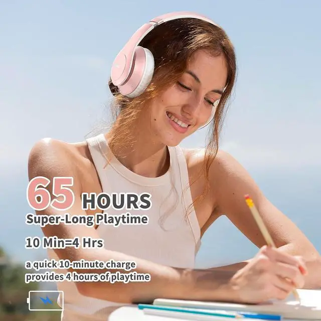 Alt view image 5 of 7 - Wireless Bluetooth Headphones 65H Playtime 6EQ Sound Modes HiFi Stereo Over Ear Headphones with Microphone Foldable Bluetooth 5.3 Headphones for Travel/Office/Cellphone/PC (Rose Gold)