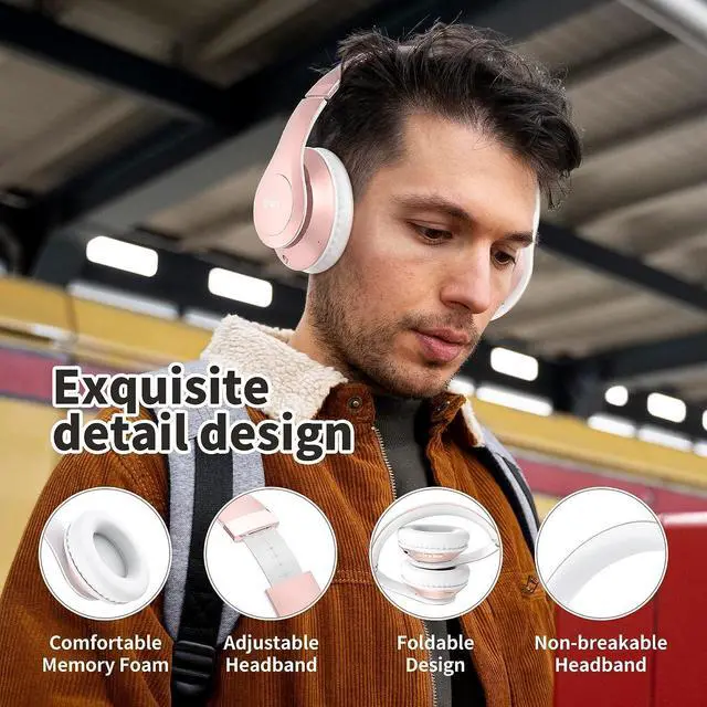 Alt view image 4 of 7 - Wireless Bluetooth Headphones 65H Playtime 6EQ Sound Modes HiFi Stereo Over Ear Headphones with Microphone Foldable Bluetooth 5.3 Headphones for Travel/Office/Cellphone/PC (Rose Gold)