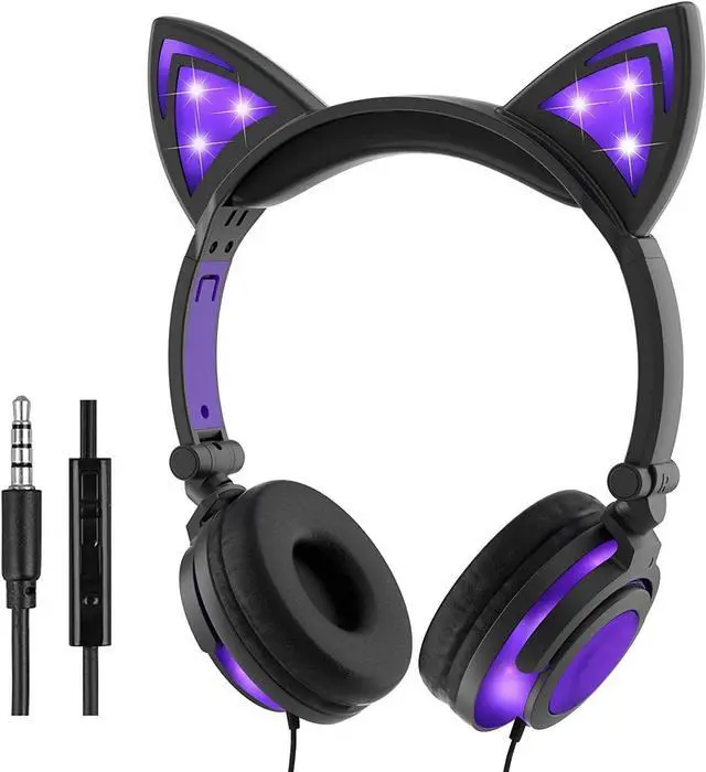 Main image of Olyre Kids Headphones with Light up cat Ears On Ear LED Kitty Headphones with Mic for Kids Boys Girls Children Wired Headset for School Learning Tablet (Purple)