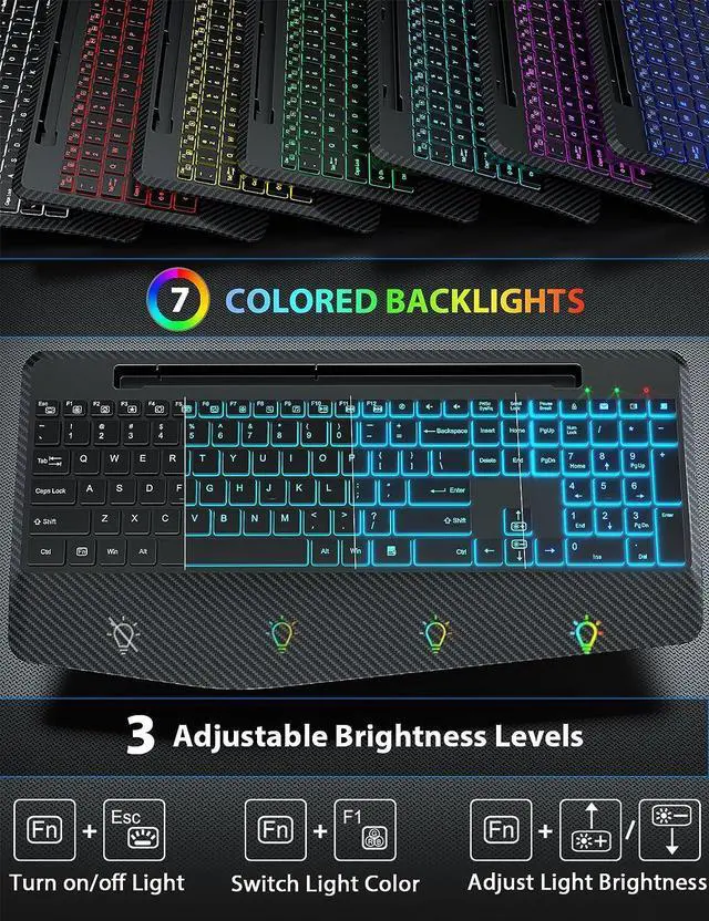 Alt view image 2 of 7 - Wireless Keyboard and Mouse Backlits, Wrist Rest, Jiggler Mouse, Rechargeable Ergonomic Keyboard with Phone Holder, Silent Light Up Combo for Computer, Mac, PC, Laptop, Chromebook (Black)