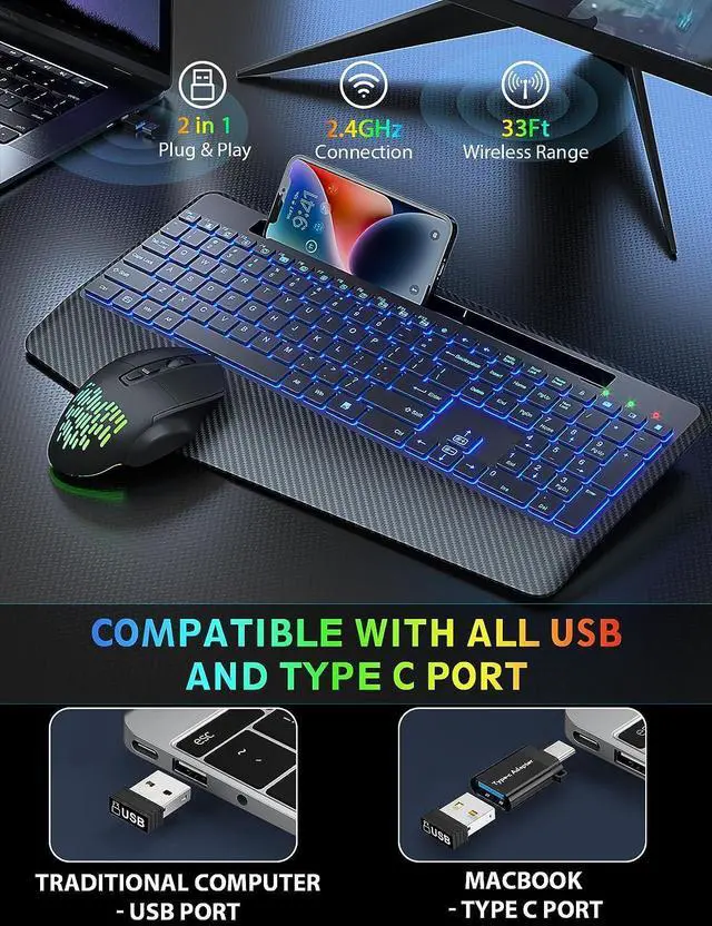 Alt view image 6 of 7 - Wireless Keyboard and Mouse Backlits, Wrist Rest, Jiggler Mouse, Rechargeable Ergonomic Keyboard with Phone Holder, Silent Light Up Combo for Computer, Mac, PC, Laptop, Chromebook (Black)