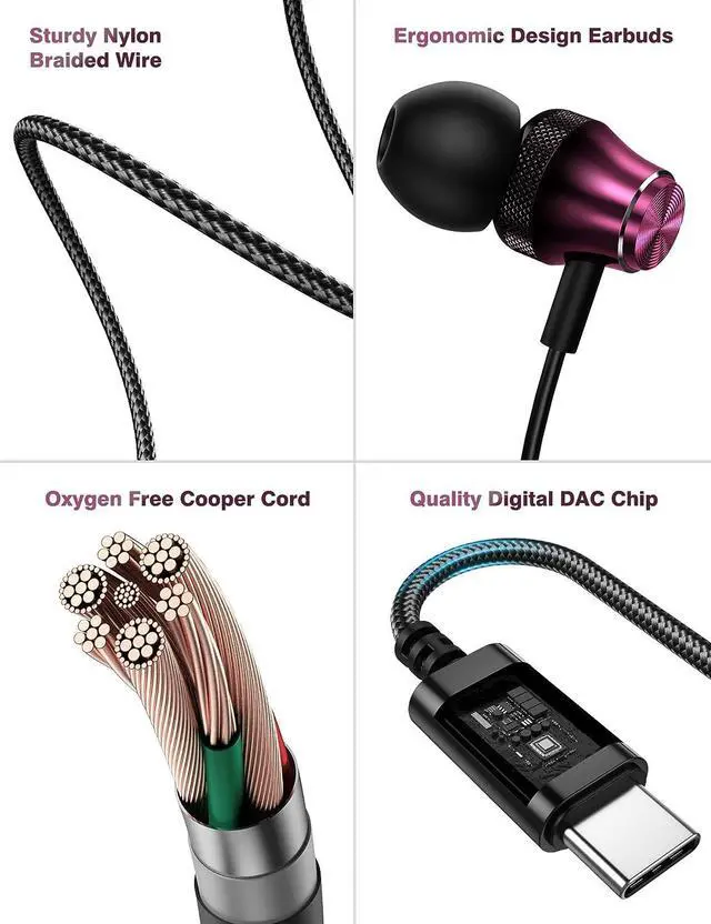 Alt view image 4 of 7 - USB C Headphone Type C Earphone Hifi Stereo Wired Earbuds for Google Pixel 6a 7a 7 6 Samsung A53 A54 S23 in-Ear Noise Canceling Bass Corded Headset with Mic for Galaxy Z Flip Fold 5 4 S22 S21 S20 Wine