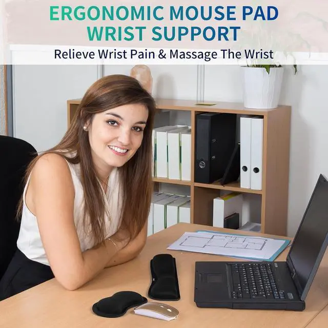 Alt view image 7 of 7 - Wrist Rest for Computer Keyboard and Mouse - Ergonomic Memory Foam Mousepad Rests with Non-Slip Base for Office Gaming Computer - Pain Relief & Carpal Tunnel Support Black 2-Piece Desk Accessories