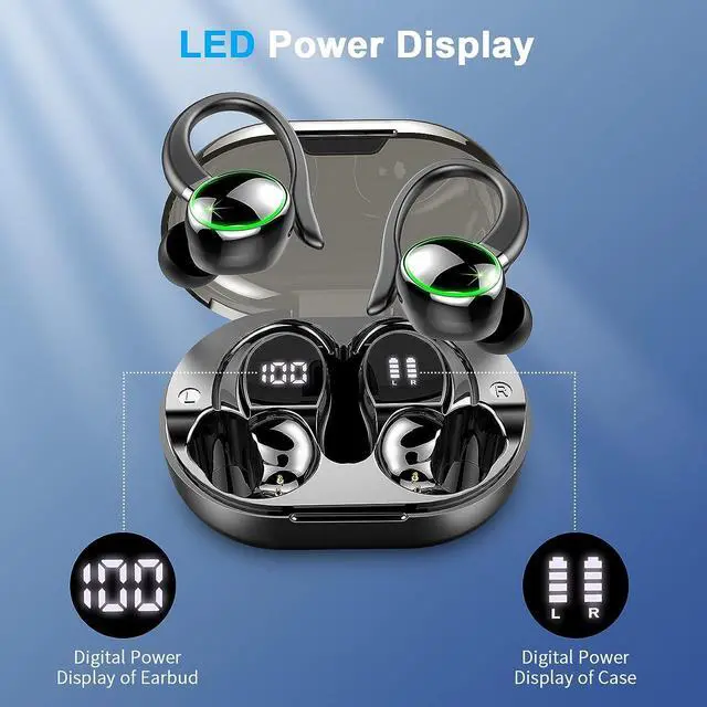 Alt view image 3 of 7 - Wireless Earbud Bluetooth Headphones 5.3, 48Hrs Playtime Sport in Ear Wireless Earphones with Digital LED Display Over Ear Buds with Earhooks Waterproof Headset with Mic for Running Workout