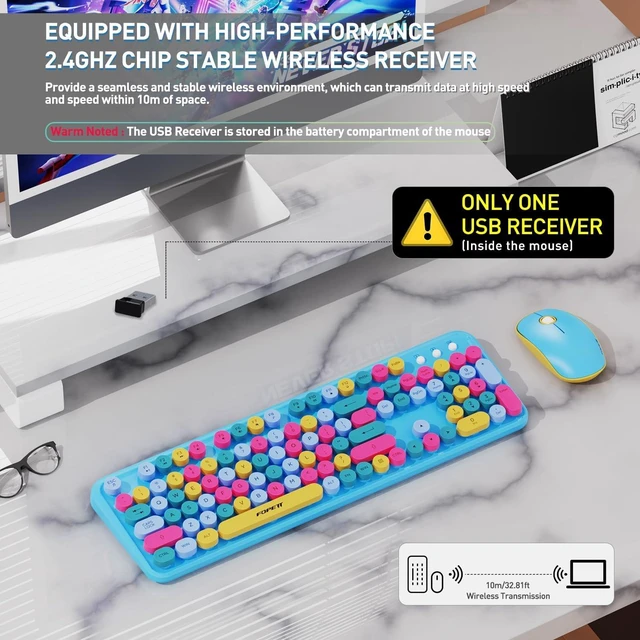 Alt view image 2 of 7 - FOPETT 2.4GHz Wireless Keyboard and Mouse Set with Switch Button - Full-Size Keyboard - Compatible for Windows/Laptop/PC/Notebook/Smart TV and More - Blue Colorful