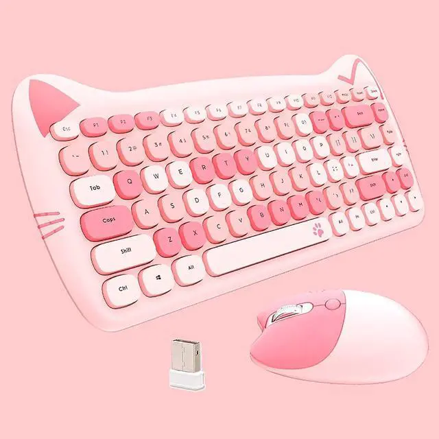 Main image of Cute Cat Keyboard and Mouse Combo Wireless, Kawaii Keyboard and Mouse for Girls and Kids, Soundless Colorful Keys, Compatible with Notebook, PC (Pink-84Keys)
