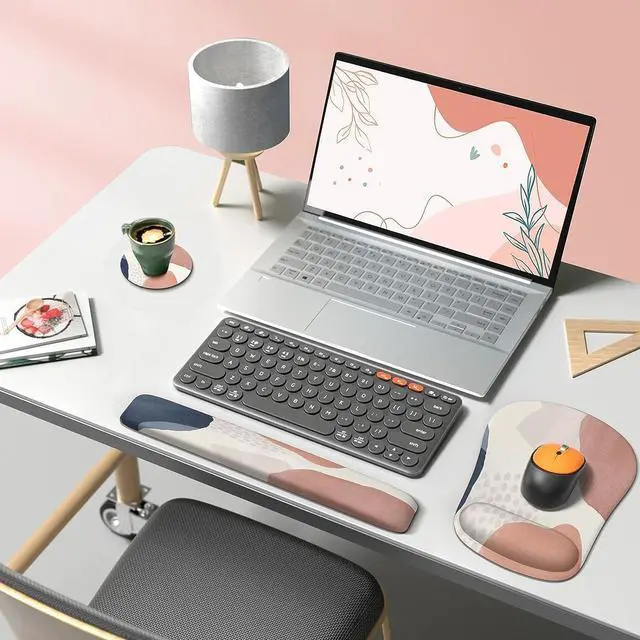 Alt view image 6 of 7 - HAOCOO Ergonomic Mouse Pad with Wrist Rest and Keyboard Wrist Rest, 6 PCS Computer Carpal Tunnel Mouse Pads for Desk with Coaster Set, Memory Foam Keyboard Wrist Support for Home Office, Boho Pink Nav
