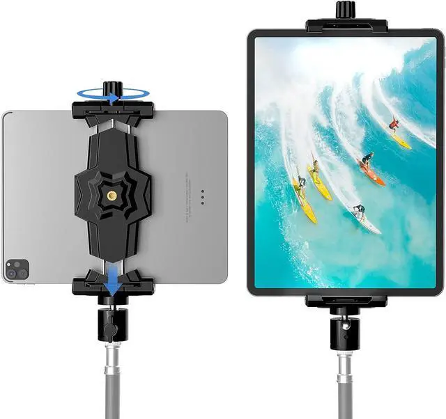 Main image of iPad and Phone Tripod Mount Adapter with Ball Head iPad Holder for Tripod 360 Rotatable Tablet Clamp Mount fits iPad Pro 12.9 Air Mini 3 4 Galaxy Tab Surface Pro Selfie Stick(5.3-10.6)