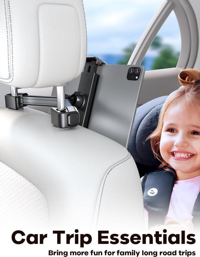 Tablet iPad Holder for Car Mount Headrest-iPad Car Holder Back Seat Travel  Accessories Car Tablet Holder Mount Road Trip Essentials for Kids Adults  Fits All 4.7-12.9 Devices & Headrest Rod 