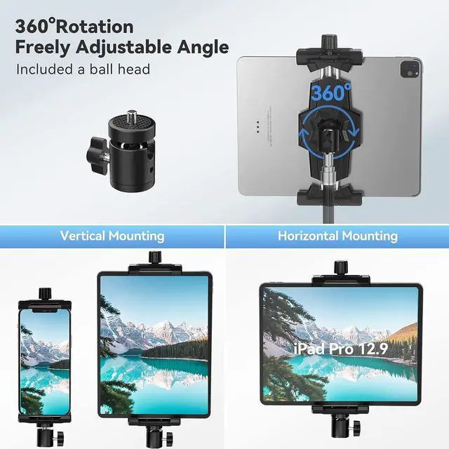 Alt view image 3 of 7 - iPad and Phone Tripod Mount Adapter with Ball Head iPad Holder for Tripod 360 Rotatable Tablet Clamp Mount fits iPad Pro 12.9 Air Mini 3 4 Galaxy Tab Surface Pro Selfie Stick(5.3-10.6)