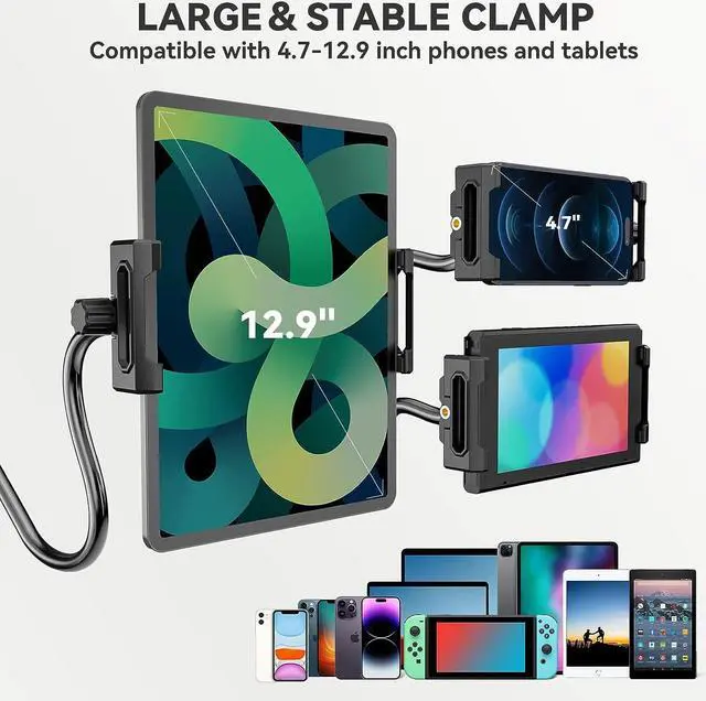 Alt view image 7 of 7 - Gooseneck Tablet Holder for Bed 360 Adjustable iPad Stand for Desk Flexible Arm Clip Phone Mount for Video Recording Bedside & Headboard Clamp for iPad Pro 12.9 Mini Nexus Switch (4.7-12.9)