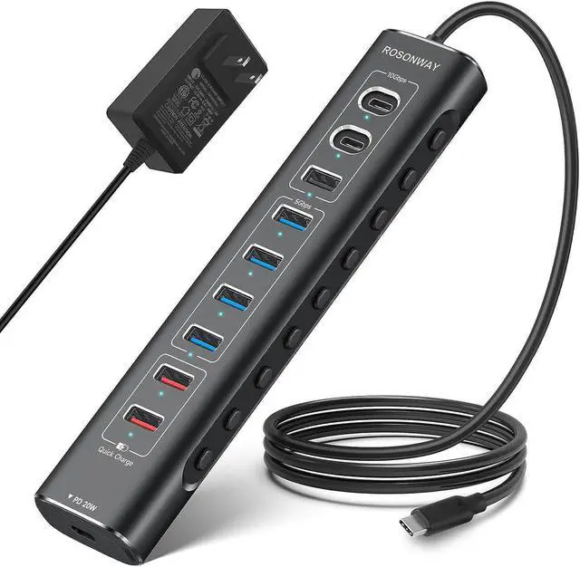 Main image of Rosonway 10-Port Powered USB 3.2/USB C Hub 60W with 10Gbps USB-A 3.2, 2 USB-C 3.2, 4 USB 3.0 Data Ports, 1 USB-C PD and 2 USB-A Fast Charging Ports, Aluminum USB Splitter for Laptop/PC, RSH-A10QPD