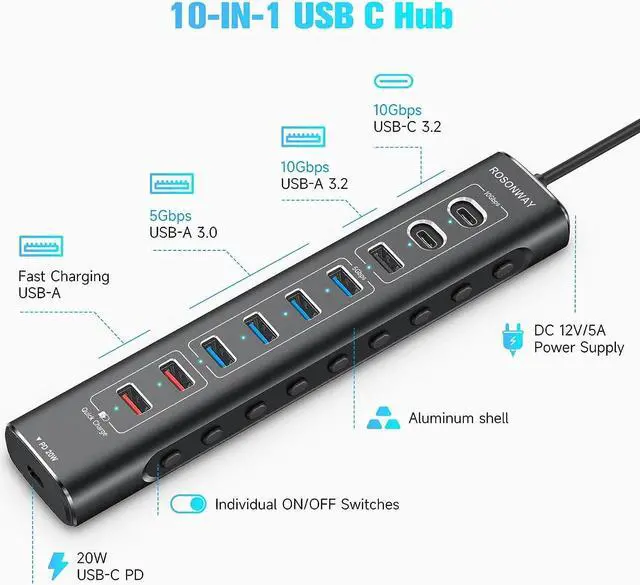 Alt view image 2 of 7 - Rosonway 10-Port Powered USB 3.2/USB C Hub 60W with 10Gbps USB-A 3.2, 2 USB-C 3.2, 4 USB 3.0 Data Ports, 1 USB-C PD and 2 USB-A Fast Charging Ports, Aluminum USB Splitter for Laptop/PC, RSH-A10QPD