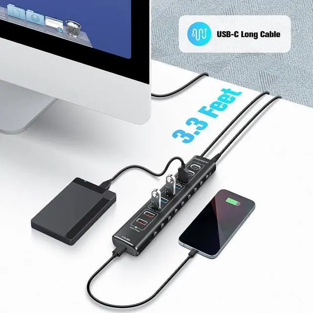 Alt view image 5 of 7 - Rosonway 10-Port Powered USB 3.2/USB C Hub 60W with 10Gbps USB-A 3.2, 2 USB-C 3.2, 4 USB 3.0 Data Ports, 1 USB-C PD and 2 USB-A Fast Charging Ports, Aluminum USB Splitter for Laptop/PC, RSH-A10QPD