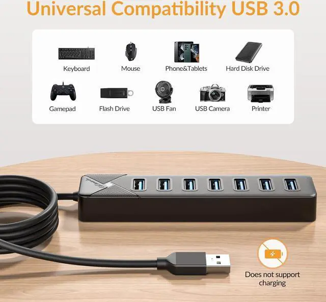 Alt view image 7 of 7 - PG7U 7-Port USB 3.0 Hub with USB-C Power Input Port - 5Gbps Multiport USB Dock Splitter for PC, Desktop, PS4, PS5, Xbox, and More - 3.3ft Long Cable, Black