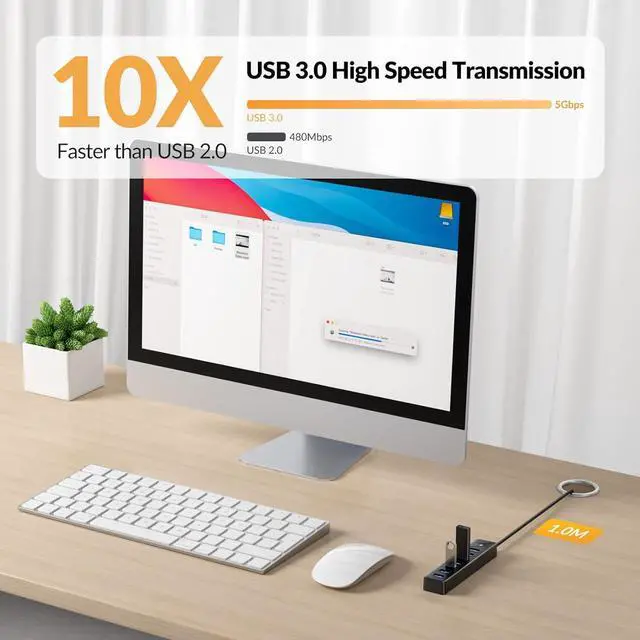 Alt view image 3 of 7 - PG7U 7-Port USB 3.0 Hub with USB-C Power Input Port - 5Gbps Multiport USB Dock Splitter for PC, Desktop, PS4, PS5, Xbox, and More - 3.3ft Long Cable, Black