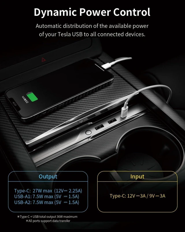 Alt view image 3 of 7 - JOWUA Mini LED Hub Bar Compatible for Tesla Model S/X (2021+), 1 USB-C Port, 2 USB-A Ports