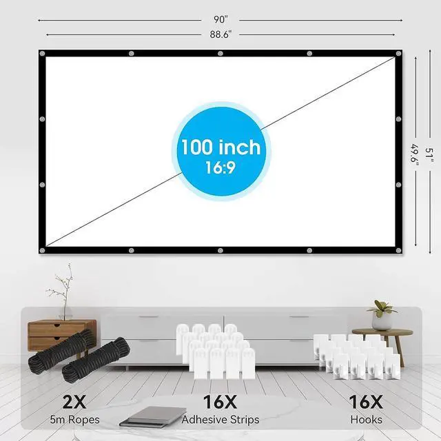 Alt view image 7 of 7 - 100 inch Projection Screens Double Sided Washable Outdoor Projection Screen 16:9 Foldable Anti-Crease Portable Projector Movies Screens for Camping Party Home Theater Office