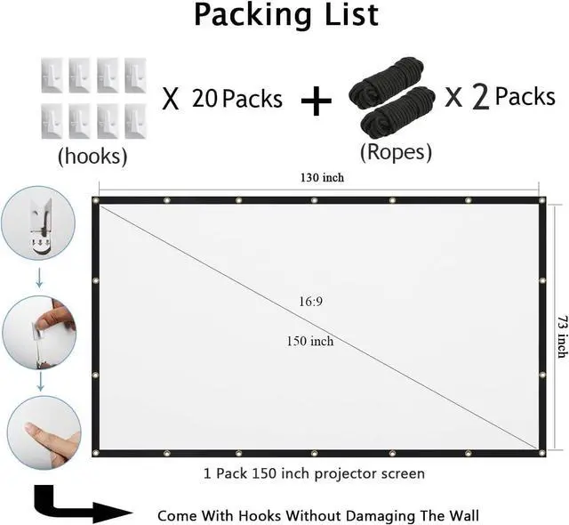 Alt view image 4 of 7 - Mdbebbron 150 inch Projection Screen 16:9 Foldable Anti-Crease Portable Projector Movies Screen for Office Home Theater Outdoor Indoor Support Double Sided Projection