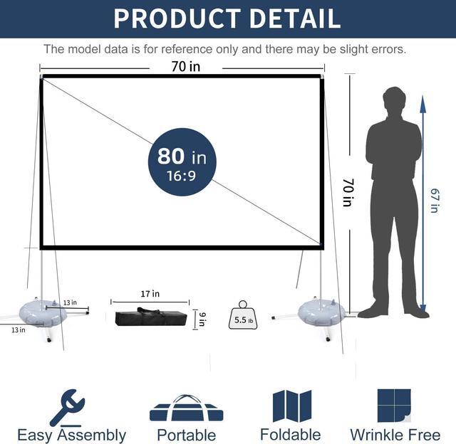 Alt view image 3 of 6 - Projector Screen Portable Outdoor Movie: Projection Screens Stand 4K Cinema 80 inch for Camping White