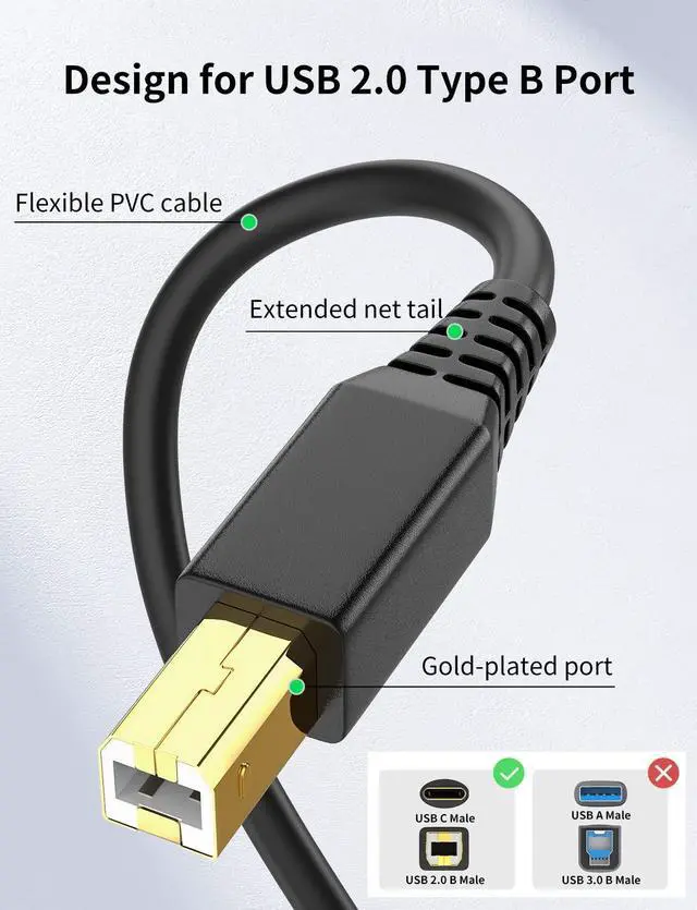 Alt view image 2 of 5 - 6FT Printer Cable to USB 2.0 High Speed USB A to USB B Cable Scanner/Printer Cord for and More(Black)