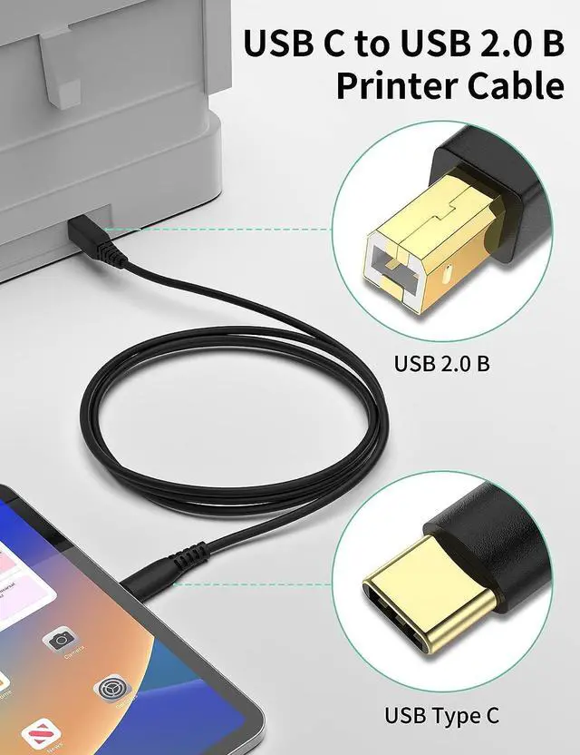 Alt view image 6 of 7 - USB C Printer Cable 6.6FT USB B to USB C Printer Cable 2.0 High-Speed Type C Printer Cord for MacBook Pro/Air USB C MIDI Cable for HP Canon Dell Epson Brother Lexmark and Scanner MIDI DJ Controller