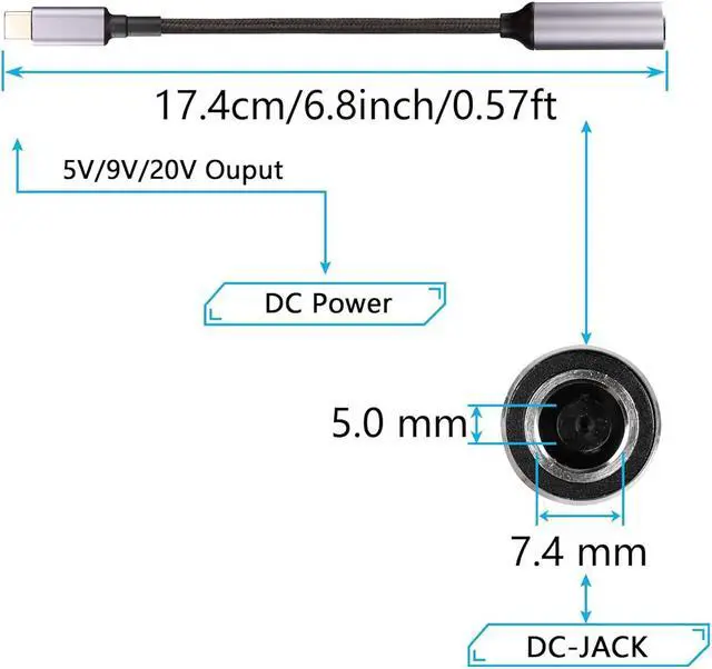 Alt view image 7 of 7 - PD DC 7.4mm x 5.0mm Female(7.4mm x 0.6mm) Input to USB Type C Male Power Charging Cable 100W DC7450 to Type C Cable with PD Automatic Identification Chip for Phones Tablets Laptops(Blue)