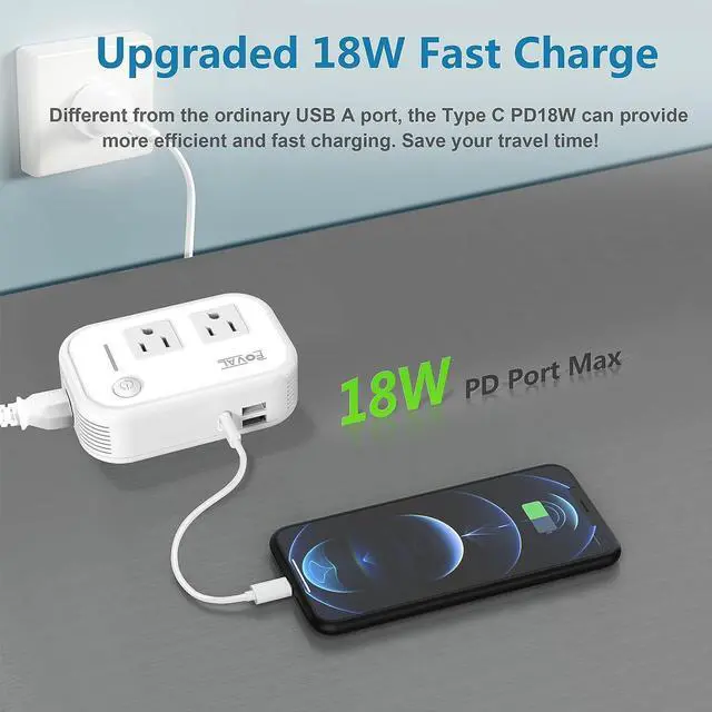 Alt view image 3 of 7 - Step Down Power Converter - FOVAL 230W Travel Voltage Converter 220V to 110V International Power Adapter with [Upgraded 18W PD USB-C] 3 USB Ports 2 AC Outlets US to Europe Italy UK AU Plug (White)