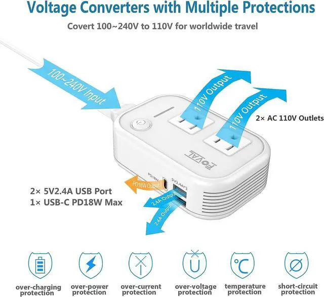 Alt view image 4 of 7 - Step Down Power Converter - FOVAL 230W Travel Voltage Converter 220V to 110V International Power Adapter with [Upgraded 18W PD USB-C] 3 USB Ports 2 AC Outlets US to Europe Italy UK AU Plug (White)