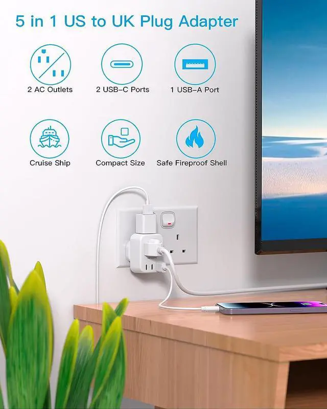 Alt view image 2 of 7 - UK Travel Plug Adapter US to UK Type G Ireland Travel Adapter with 2 Outlets 3 USB Ports(2 USB C) UK Power Adaptor for USA to Dubai England London Scotland British Kenya Qatar Irish HongKong 2 Pack