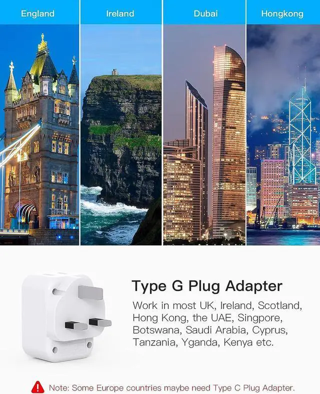 Alt view image 6 of 7 - UK Travel Plug Adapter US to UK Type G Ireland Travel Adapter with 2 Outlets 3 USB Ports(2 USB C) UK Power Adaptor for USA to Dubai England London Scotland British Kenya Qatar Irish HongKong 2 Pack
