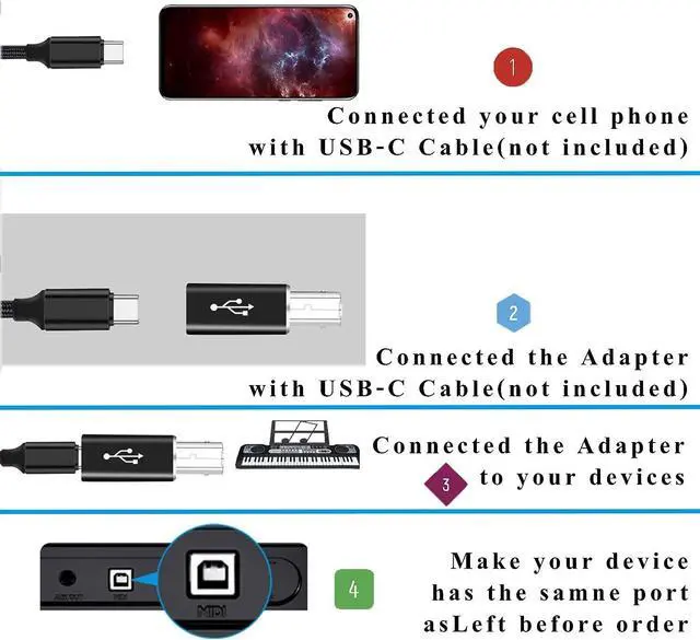 Alt view image 6 of 7 - USB B to USB C Adapter (2 Pack) USB-C Female to Printer Male Converter USB Type C to Midi USB B Connector Support Data Sync Compatible with Printer Scanner Fax Machine Electronic Piano
