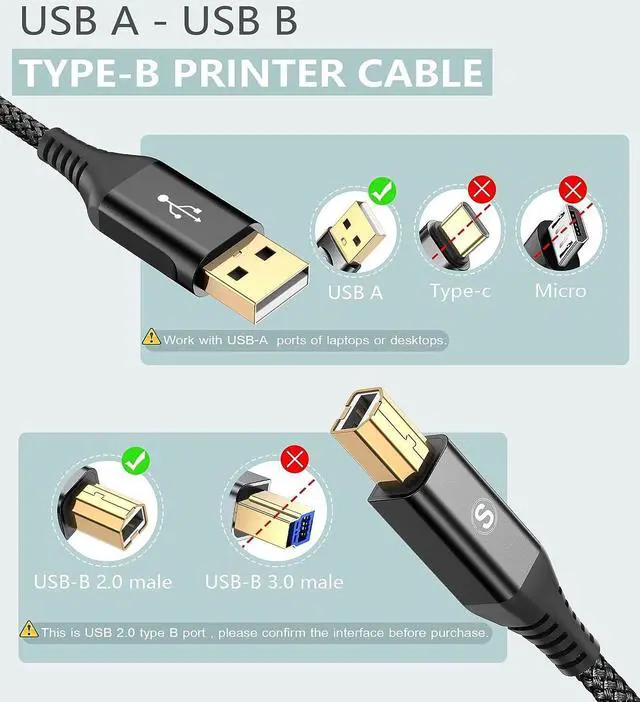 Alt view image 2 of 7 - Printer Cable 6ft sweguard USB 2.0 Printer Cable USB-A to USB-B Cable High Speed Nylon Braided Scanner Printer Cord for HP Canon Dell Epson Brother Lexmark Xerox Piano DAC & More-Black