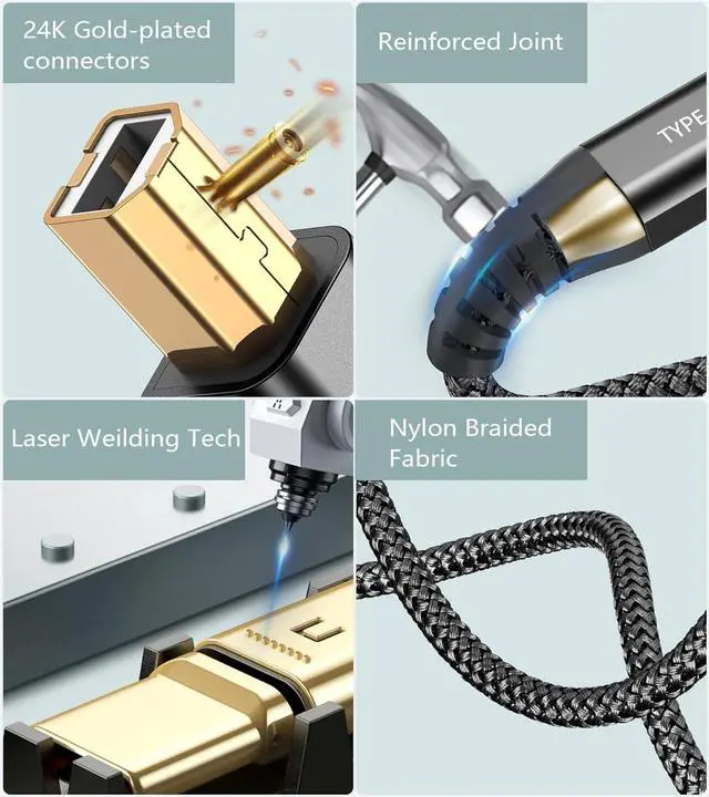 Alt view image 3 of 7 - Printer Cable 6ft sweguard USB 2.0 Printer Cable USB-A to USB-B Cable High Speed Nylon Braided Scanner Printer Cord for HP Canon Dell Epson Brother Lexmark Xerox Piano DAC & More-Black