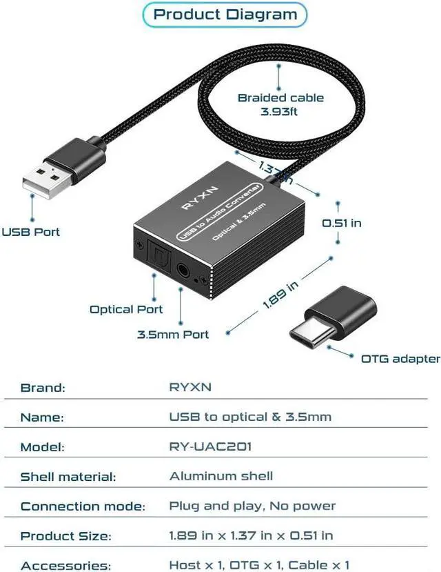 Alt view image 7 of 7 - USB to Optical Spdif Toslink & 3.5mm Audio Adapter Converter Support USB-A & USB-C Type-C Port for PS5 PS4 NS Laptop Phone to Sound bar Speakers