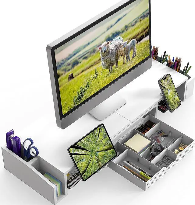 Alt view image 2 of 5 - Simple Houseware Desk Dual Monitor Stand Riser with Drawer, White