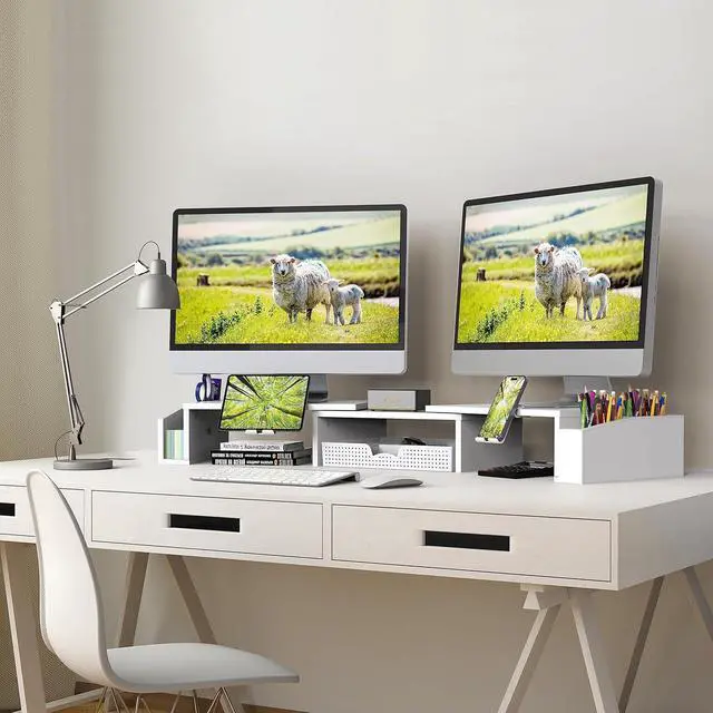Alt view image 5 of 5 - Simple Houseware Desk Dual Monitor Stand Riser with Drawer, White