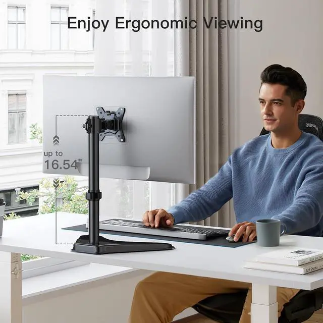 Alt view image 3 of 6 - HUANUO Single Monitor Stand, Free Standing Monitor Desk Stand for 13 to 32" Computer, Height Adjustable Monitor Mount Full Motion Swivel VESA 75x75mm/100x100mm Heavy Duty Steel Base up to 17.6 lbs