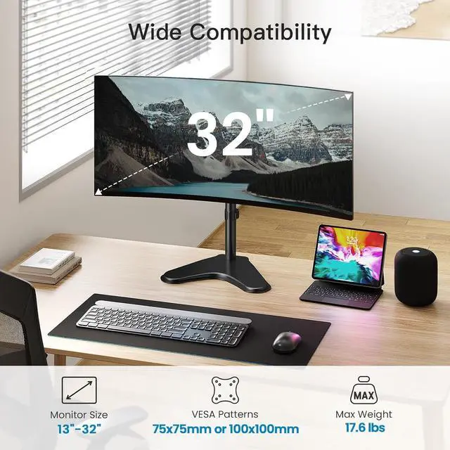 Alt view image 4 of 6 - HUANUO Single Monitor Stand, Free Standing Monitor Desk Stand for 13 to 32" Computer, Height Adjustable Monitor Mount Full Motion Swivel VESA 75x75mm/100x100mm Heavy Duty Steel Base up to 17.6 lbs
